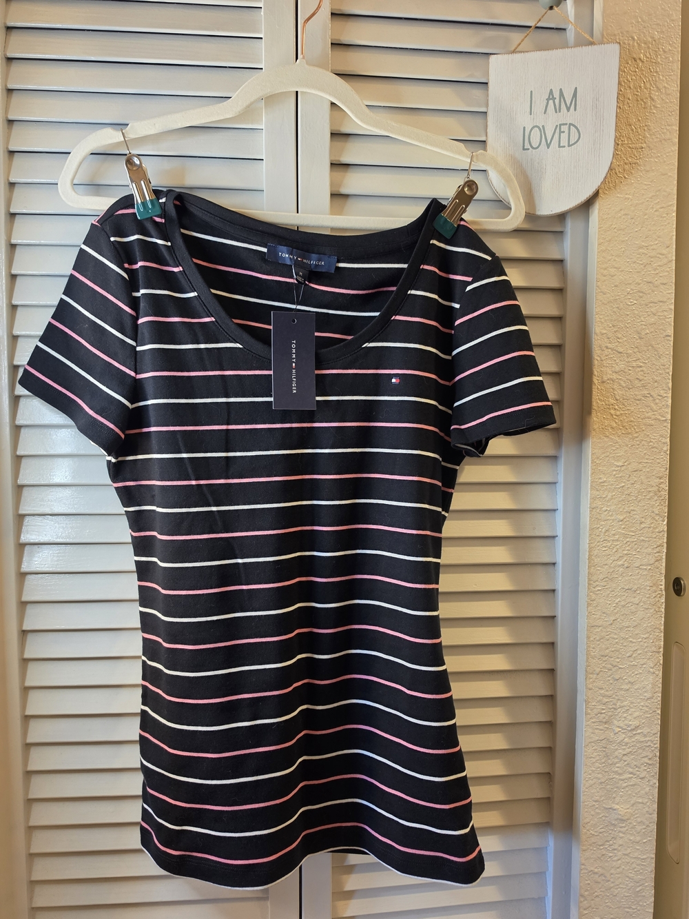 NWT Tommy Hilfiger Black Striped Scoop Neck Tee with Pink & White Lines Medium